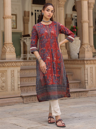 Women Floral Printed Thread Work Kurta