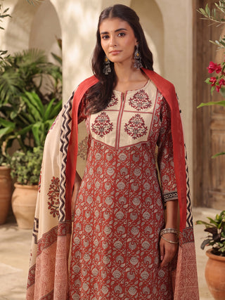 Maroon Printed Embroidered 3-Piece Kurta Set