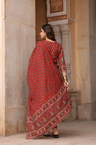 Women Ethnic Motifs Printed Pleated Pure Cotton Kurta with Trousers & With Dupatta