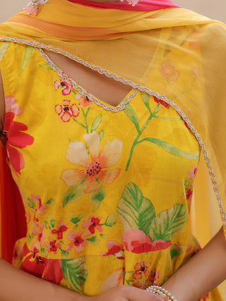 Yellow Floral Print Flared Anarkali Kurta Set