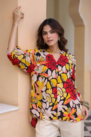 Printed Mandarin Collar Top & Trousers Co-Ords