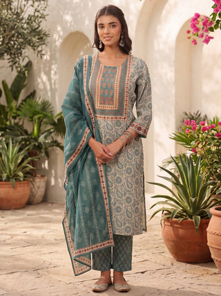 Cream Floral Print 3-Piece Kurta Set