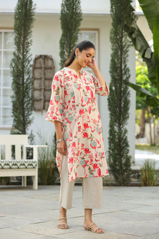 Cream Abstract Print Lace Kurta