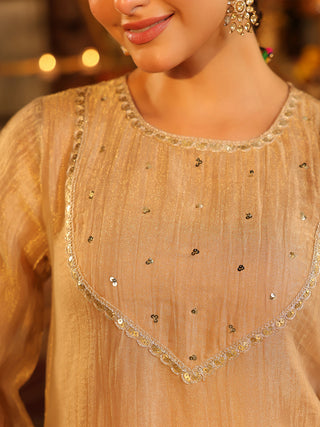 Beige Golden Sequin Tissue A-Line Kurta Set with Pocket