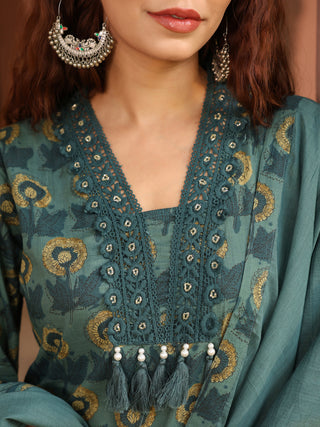 Teal Floral Print 3-Piece Straight Kurta Set