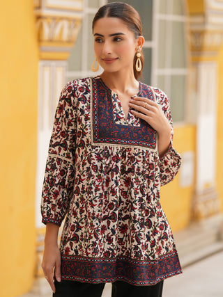 Beige Ethnic Motif Print Lace Top