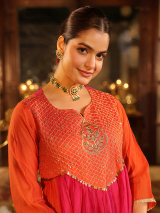Pink Orange Embroidered Anarkali Kurta Set with Pocket