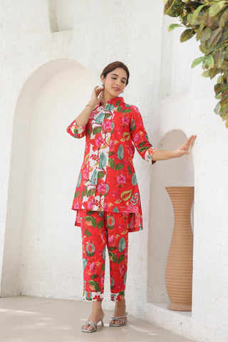 Printed Shirt Collar Pure Cotton High Low Tunic With Trousers