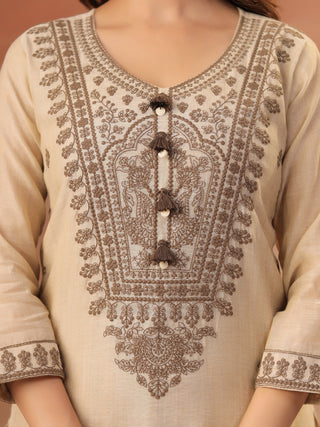 Women Ethnic Motifs Embroidered Regular Thread Work Chanderi Cotton Kurta with Trousers & Dupatta Set