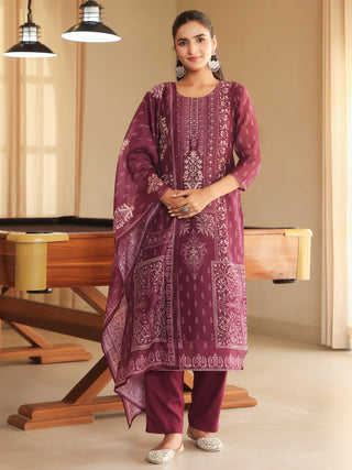 Wine Ethnic Motif Print 3-Piece Straight Kurta Set
