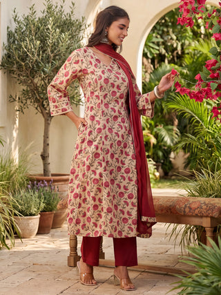 Beige Ethnic Motif Print Lace 3-Piece Kurta Set