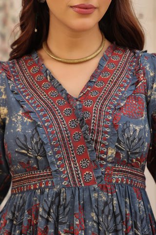 Printed V-Neck Fit and Flare Ethnic Dresses