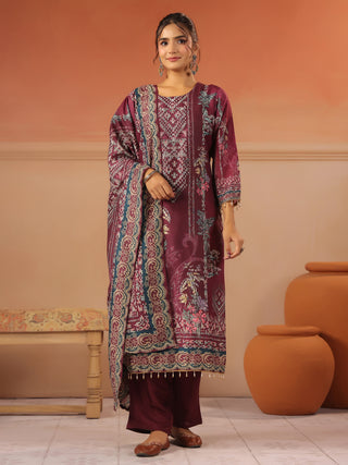 Wine panel printed silk blend kurta set with solid trousers and printed dupatta