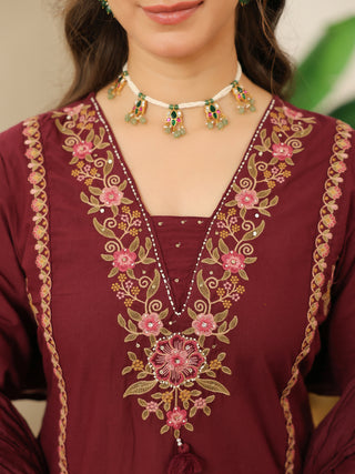 Wine Floral Embroidered Cotton Straight Kurta Set