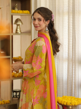 Lime Yellow Floral Print Straight Kurta Set with Pocket
