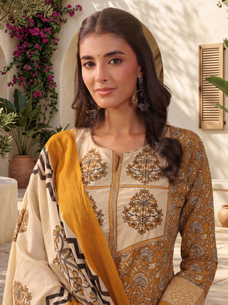 Mustard Printed Embroidered 3-Piece Kurta Set