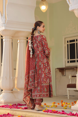 Women Ethnic Motifs Printed Pleated Pure Cotton Kurta with Trousers & With Dupatta