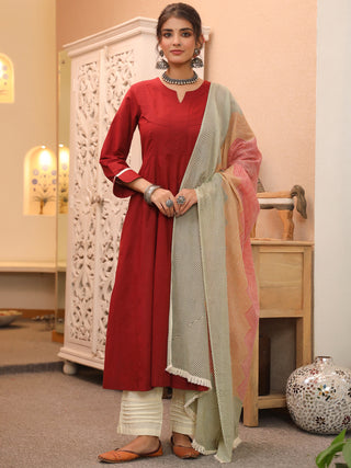 Red Solid Lace 3-Piece Kurta Set