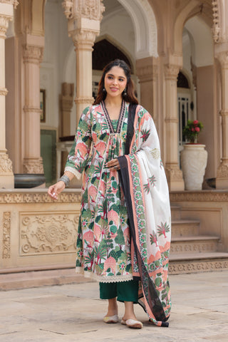 Women Floral Printed Cotton Anarkali Kurta with Trousers & Dupatta