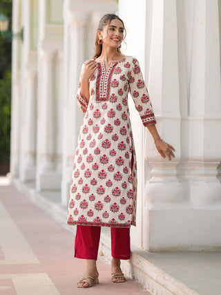 Beige Ethnic Motif Print Lace Kurta