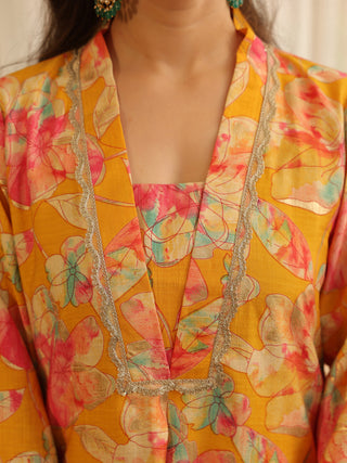 Mustard Floral Print Rayon A-Line Kurta Set with Pocket