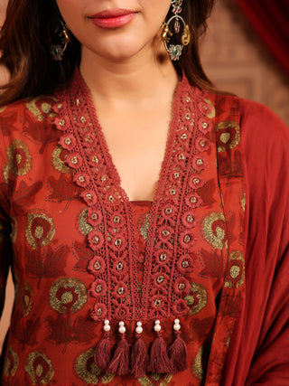 Rust Floral Print 3-Piece Straight Kurta Set
