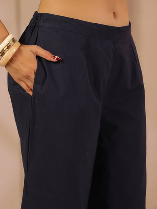 Blue Solid Cotton Trousers with Pockets