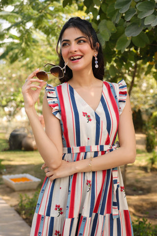 Beige Striped Fit & Flare Dress