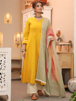 Mustard Solid Lace 3-Piece Kurta Set