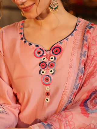 Light Pink Embroidered Chanderi Straight Kurta Set With Pant Pocket