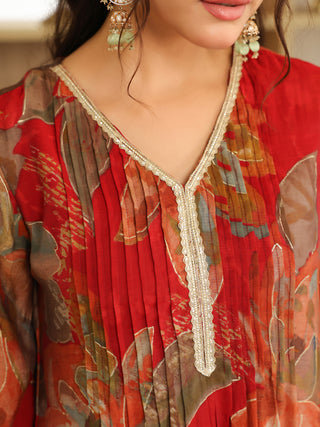 Maroon Floral Chanderi A-Line Kurta Set with Pocket