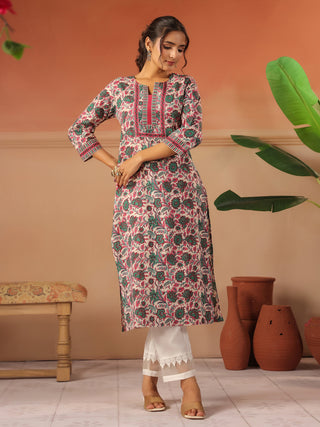 Green Floral Print Cotton Straight Kurta