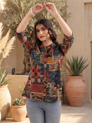 Print Mandarin Collar Ethnic Cotton Top