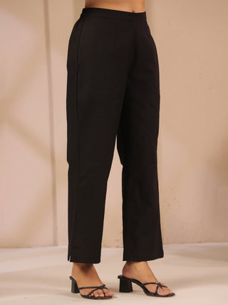 Black Solid Cotton Trousers with Pockets