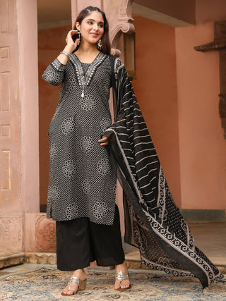 Black Printed 3-Piece Straight Kurta Set