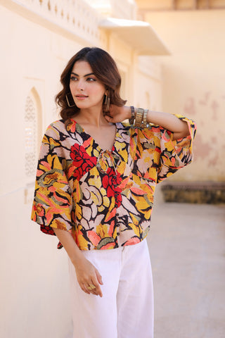 Floral Print Kimono Sleeve Kaftan Top