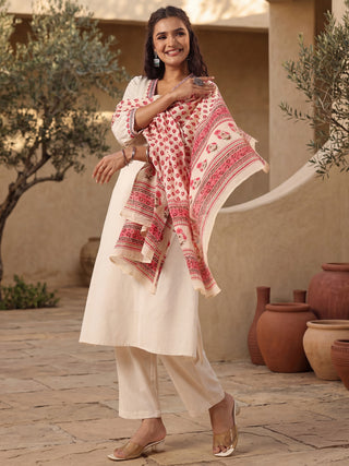 Off-White Cotton Straight Kurta Set with Red Embroidery