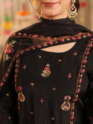 Black Embroidered Poly Silk Straight Kurta Set