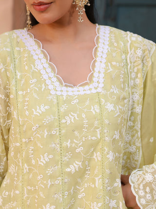 Lime Floral Embroidered Lace 3-Piece Straight Kurta Set
