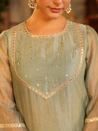 Dusty Blue Sequin Tissue A-Line Kurta Set with Pocket