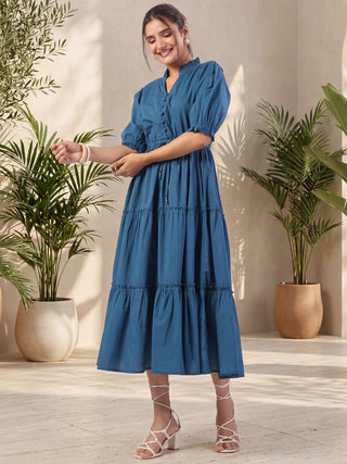 Teal Solid Flared Midi Dress with V-Neck Mandarin Collar