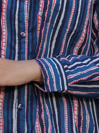 Women Indigo Striped Pure Cotton Shirt Tunic, Shirt collar