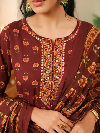 Brown Floral Print Cotton Straight Kurta Set