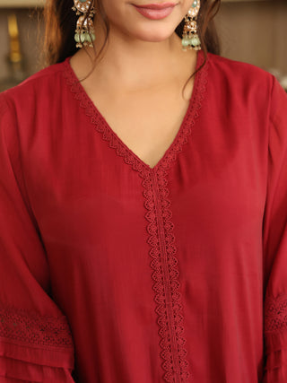 Maroon Lace Chanderi A-Line Kurta Set with Pocket