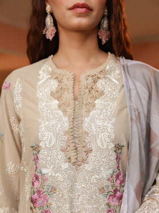 Beige Floral Embroidered 3-Piece Straight Kurta Set