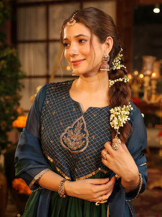 Bottle Green Embroidered Anarkali Kurta Set with Pocket