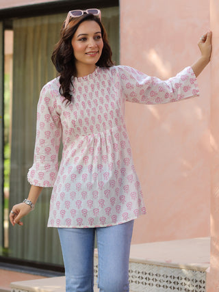 White Ethnic Motif Print Ruffle Top