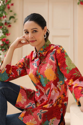 Women Floral Printed Shirt Collar Cotton Top