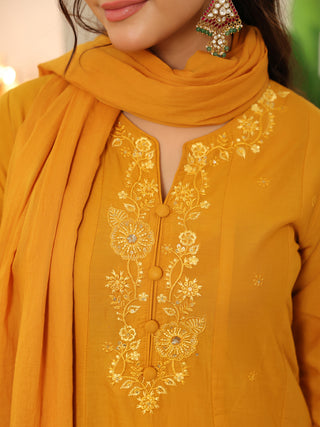 Mustard Embroidered Cotton A-Line Kurta Set