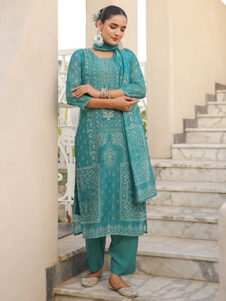 Teal Ethnic Motif Print 3-Piece Straight Kurta Set